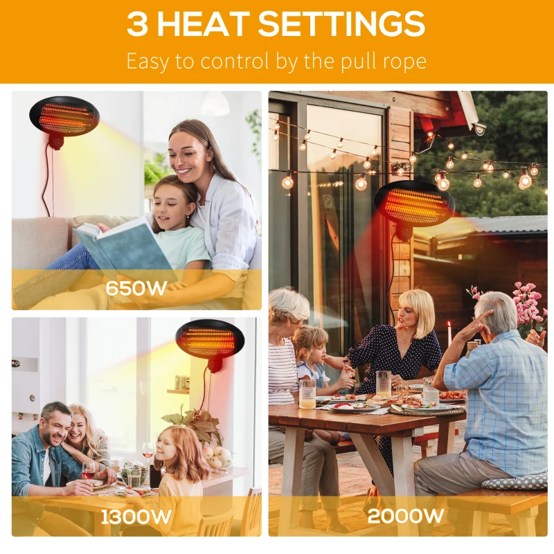 Outsunny Wall Mount Electric Infrared Patio Heater Warmer Aluminium 3 Power Setting 2kW