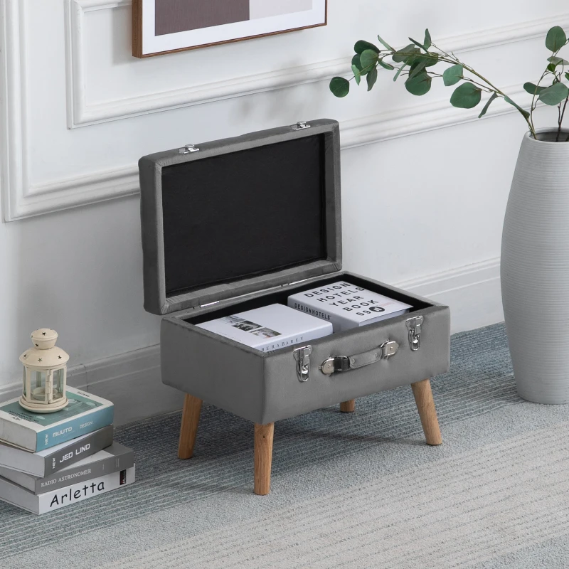 HOMCOM Upholstery Footstool, Velvet Pouffe Storage Trunk, Suitcase Style Ottoman with Wood Legs and Button Tufted Design for Bedroom, Hallway, Grey