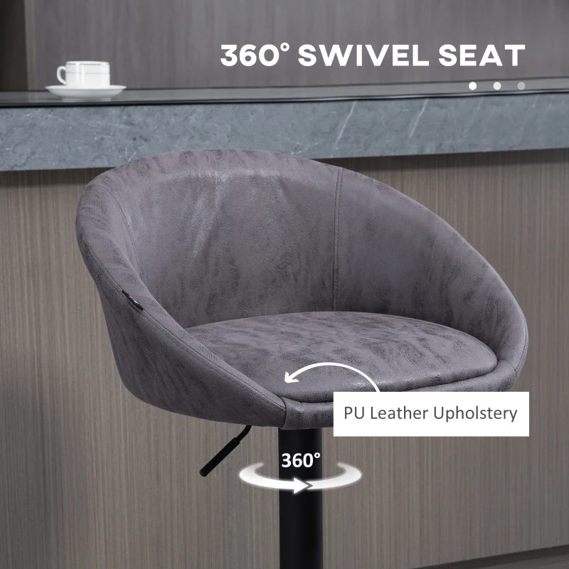 HOMCOM Brown Leather Bar Stools with Backs, Adjustable for Kitchen Islands Set of 2, Swivel Breakfast with Footrest, Armrests