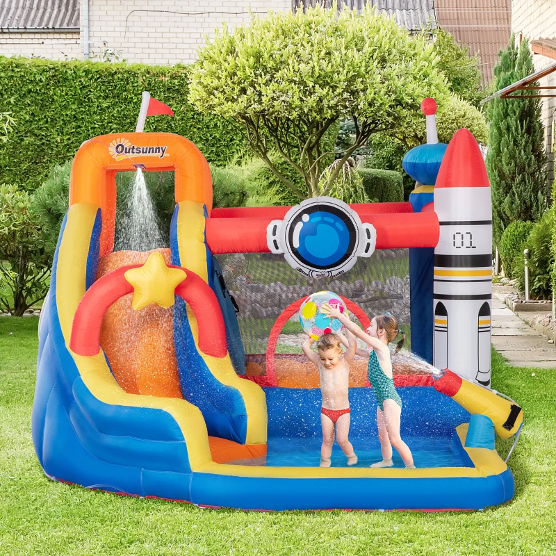Outsunny 5 in 1 Kids Bouncy Castle Water Slide Large Space Style Inflatable House Trampoline Pool Water Gun Climbing Wall with Air Blower for Kids Age 3-8