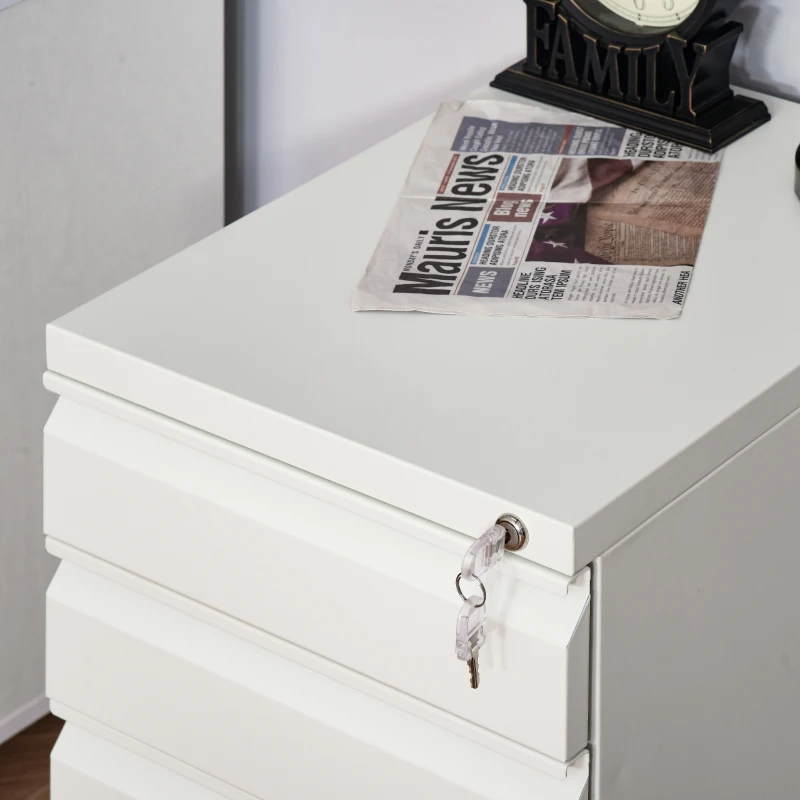 Vinsetto Mobile Vertical Filing Cabinet Lockable Steel 3-Drawer Rolling Filing Cabinet White