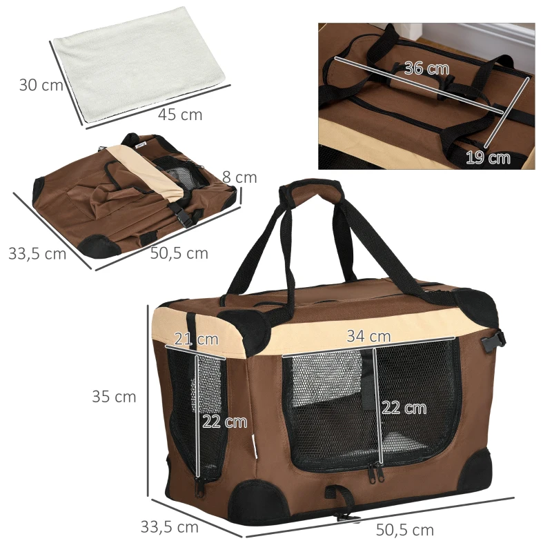 PawHut 51cm Foldable Pet Carrier, with Cushion, for Mini Dogs and Cats - Brown