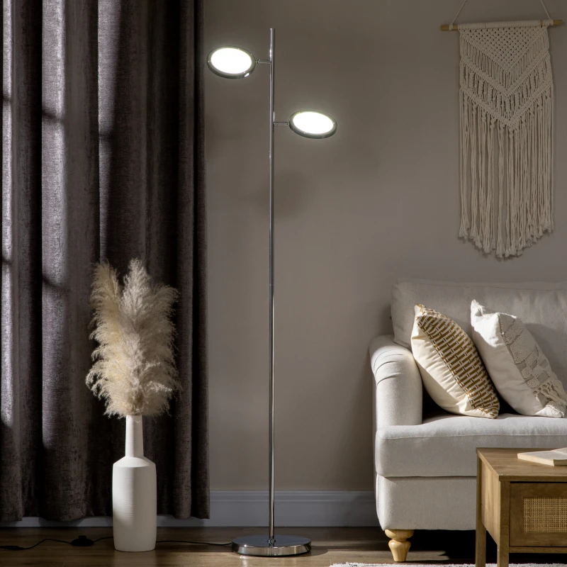 HOMCOM Lampadaire LED sur pied salon style moderne 2 abat-jours orientables en métal chromé 800 lumens hauteur 165 cm