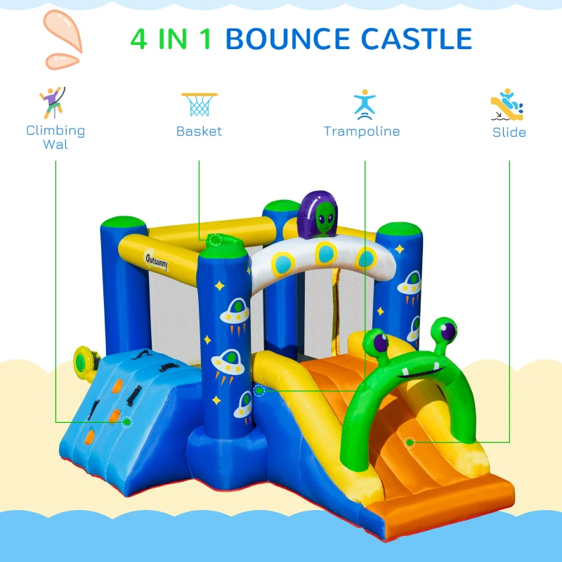 Outsunny 4 in 1 Kids Bouncy Castle Large Alien Style Inflatable House Slide Trampoline Climbing Wall Basket with Air blower Carrybag Patches for Kids Age 3-8
