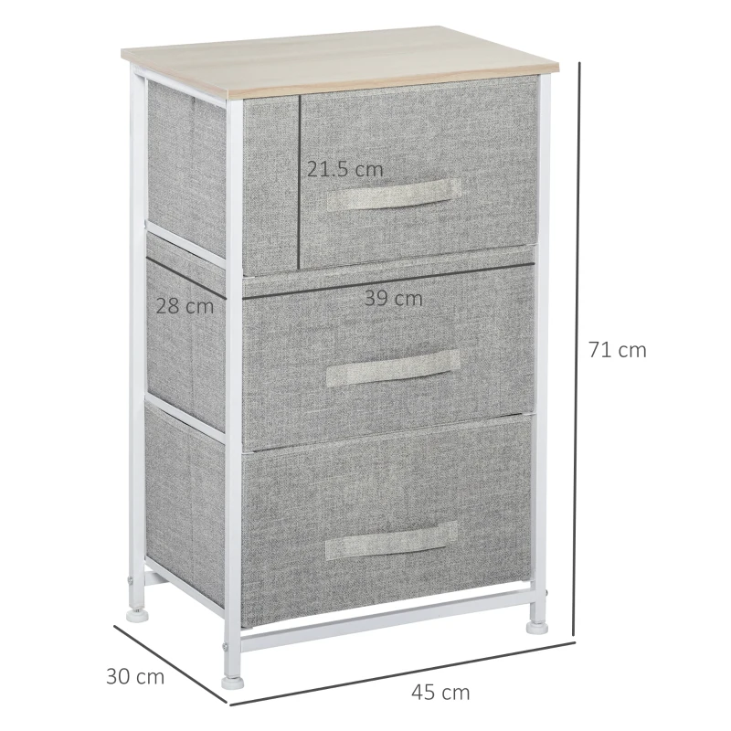 HOMCOM Vertical 3-Tier Linen Drawer Cabinet Organizer Storage Dresser Tower with Metal Frame Adjustable Feet for Living Room, Bathroom, Kitchen, White, Oak and Light Grey