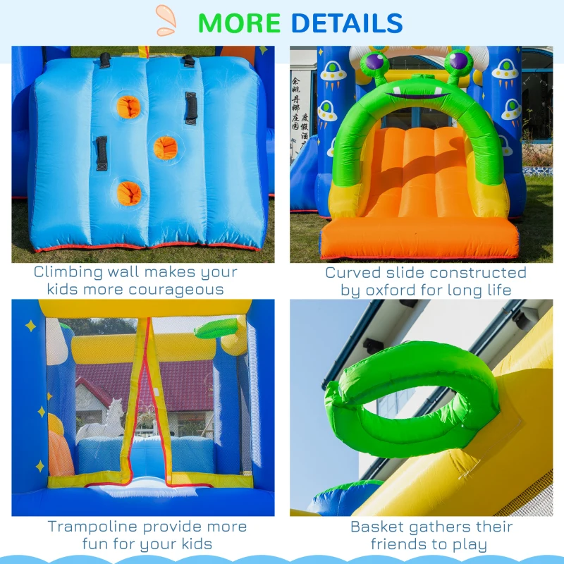 Outsunny 4 in 1 Kids Bouncy Castle Large Alien Style Inflatable House Slide Trampoline Climbing Wall Basket with Air blower Carrybag Patches for Kids Age 3-8
