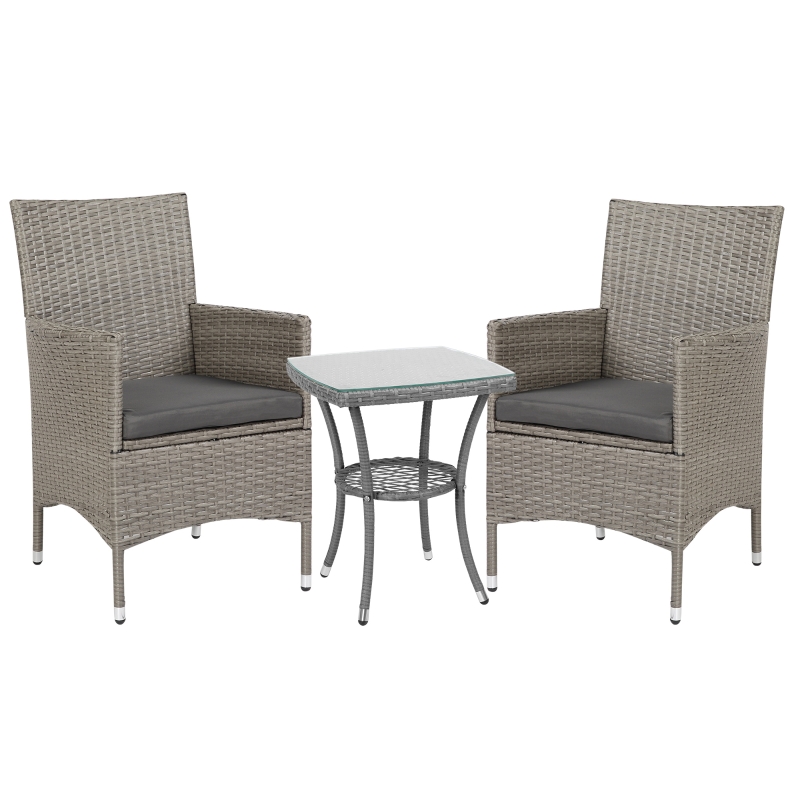 Outsunny 3 Pieces Outdoor PE Rattan Bistro Set with Cushions, Patio Wicker Weave Conversation Chair Table Furniture Set for Garden, Backyard, Light Grey