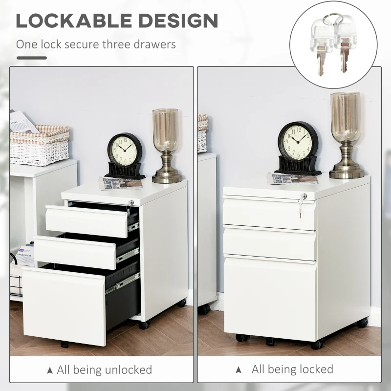Vinsetto Mobile Vertical Filing Cabinet Lockable Steel 3-Drawer Rolling Filing Cabinet White