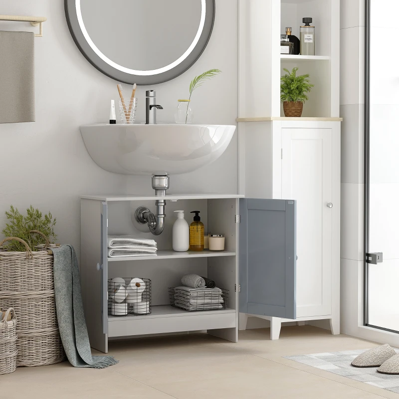 kleankin Under Sink Storage Bathroom Cabinet with Adjustable Shelf, Pedestal Under Sink Design, Grey and White