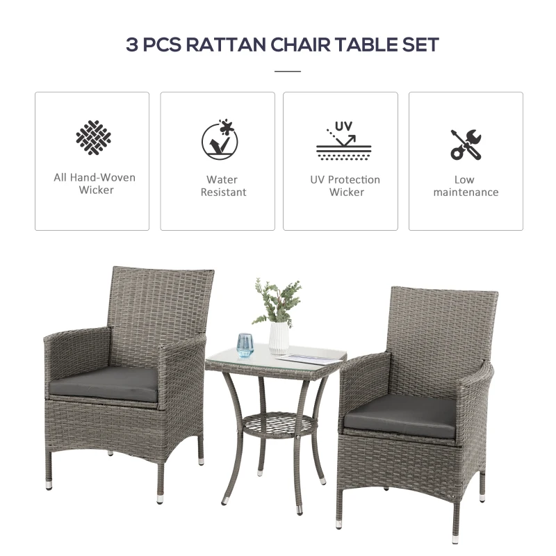 Outsunny 3 Pieces Outdoor PE Rattan Bistro Set with Cushions, Patio Wicker Weave Conversation Chair Table Furniture Set for Garden, Backyard, Light Grey