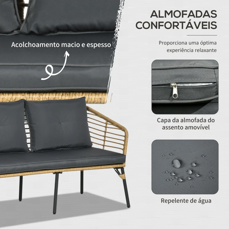 Outsunny Conjunto de Móveis de Vime com Sofá de 2 Lugares 2 Poltronas Mesa de Centro e 4 Almofadas Marrom Claro e Cinza Escuro