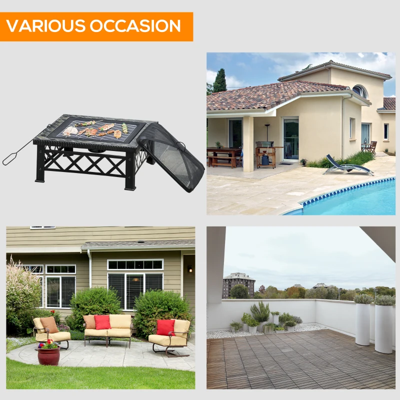 Outsunny Multifunctional 2-in-1 Patio Steel Fire Pit with Grill Shelf,  Poker,Handle 76Wx76Dx47Hcm for Yard Bonfire Patio Black