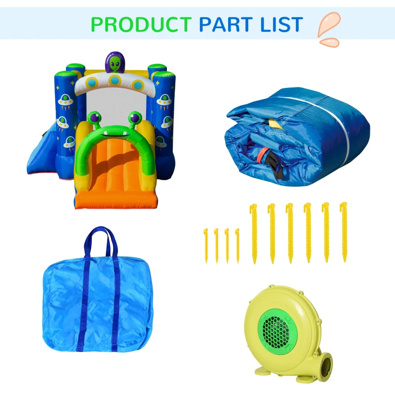 Outsunny 4 in 1 Kids Bouncy Castle Large Alien Style Inflatable House Slide Trampoline Climbing Wall Basket with Air blower Carrybag Patches for Kids Age 3-8