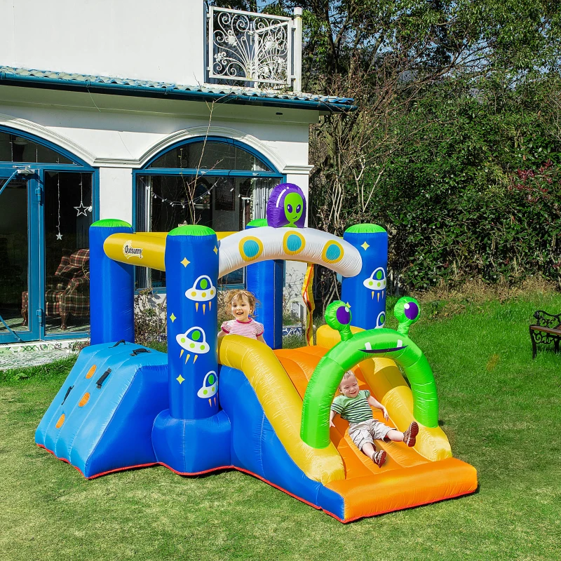 Outsunny 4 in 1 Kids Bouncy Castle Large Alien Style Inflatable House Slide Trampoline Climbing Wall Basket with Air blower Carrybag Patches for Kids Age 3-8