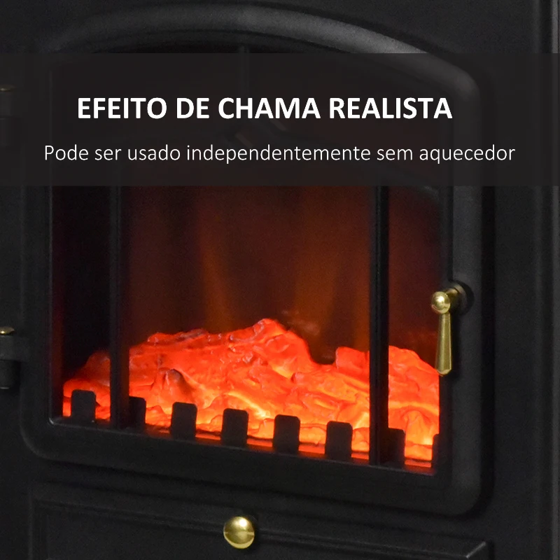 HOMCOM Lareira Elétrica Portátil 1000/2000W com Efeito de Chama Realista Termostato para Ambientes entre 15-20m² 45x28x54cm Preto