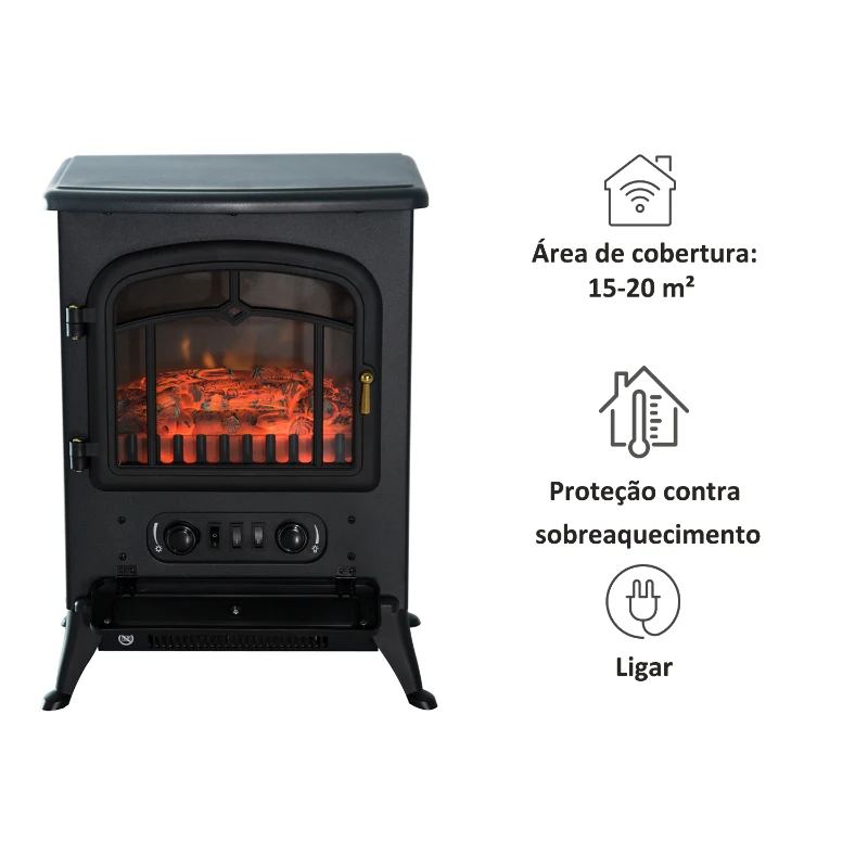 HOMCOM Lareira Elétrica Portátil 1000/2000W com Efeito de Chama Realista Termostato para Ambientes entre 15-20m² 45x28x54cm Preto