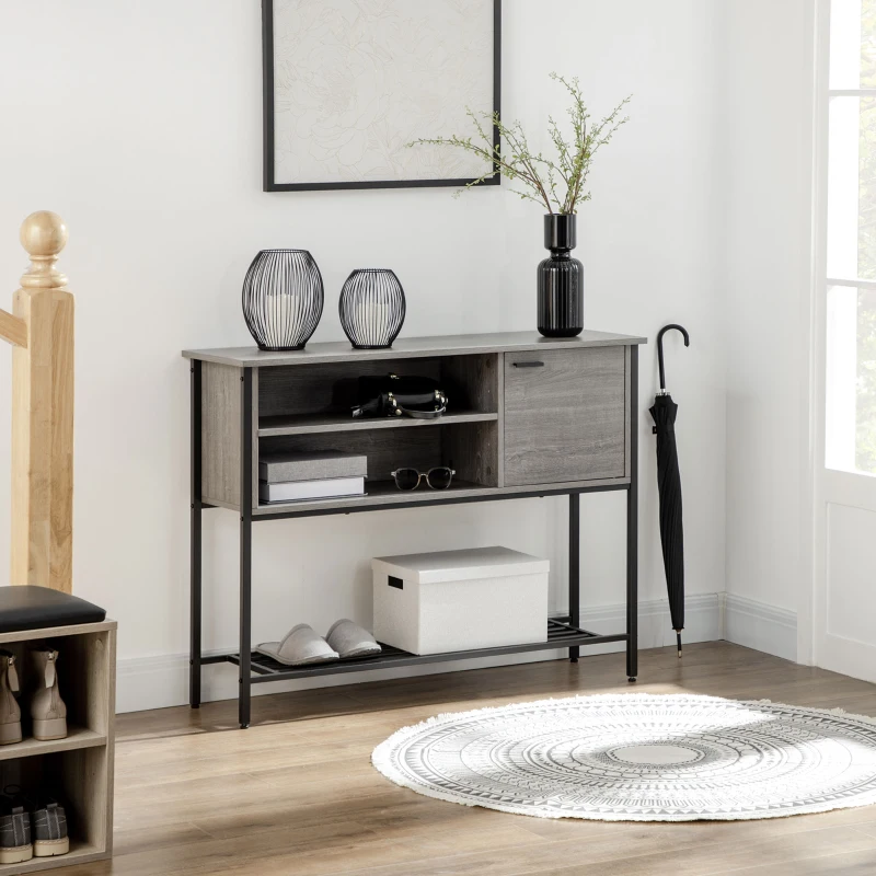 HOMCOM Console Table, Industrial Hallway Table with Door, 2 Open Compartments and Slatted Bottom Shelf, Narrow Entryway Table, Grey