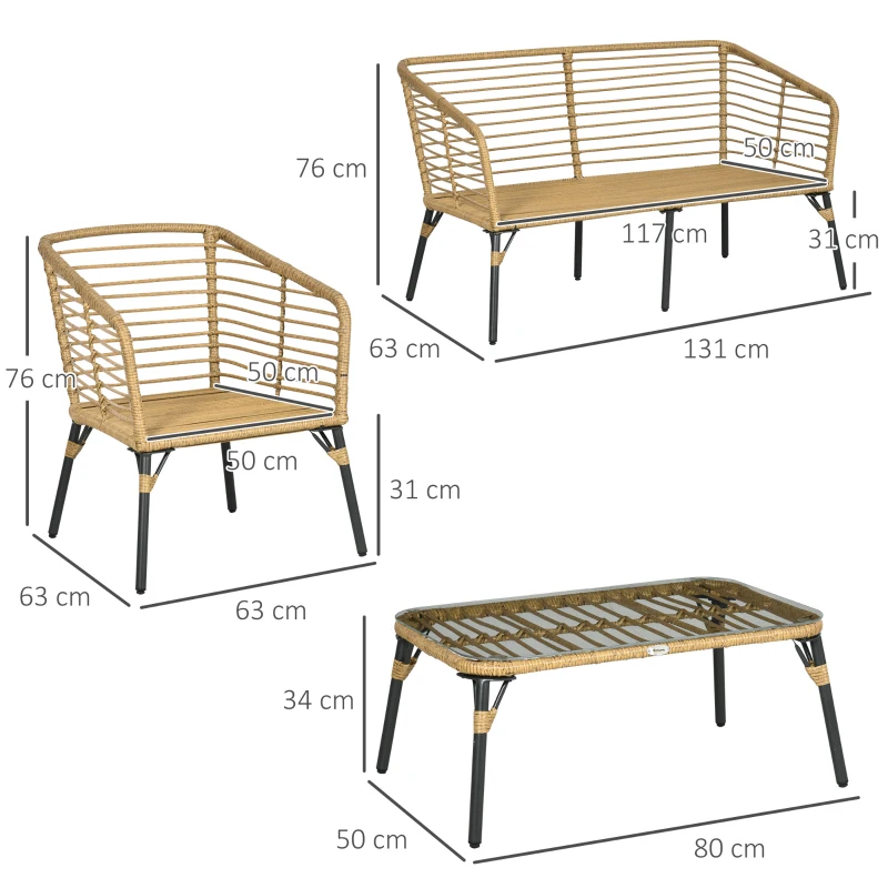 Outsunny Conjunto de Móveis de Vime com Sofá de 2 Lugares 2 Poltronas Mesa de Centro e 4 Almofadas Marrom Claro e Cinza Escuro