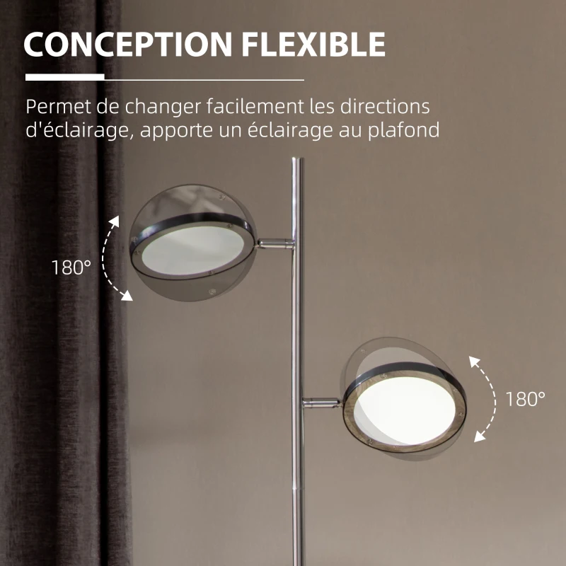 HOMCOM Lampadaire LED sur pied salon style moderne 2 abat-jours orientables en métal chromé 800 lumens hauteur 165 cm