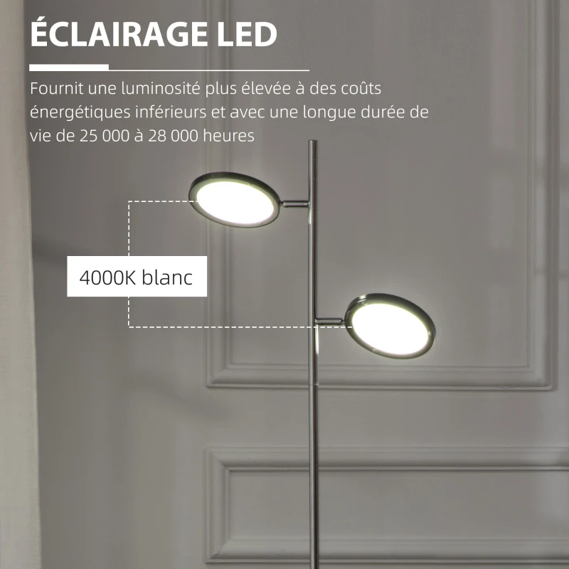 HOMCOM Lampadaire LED sur pied salon style moderne 2 abat-jours orientables en métal chromé 800 lumens hauteur 165 cm