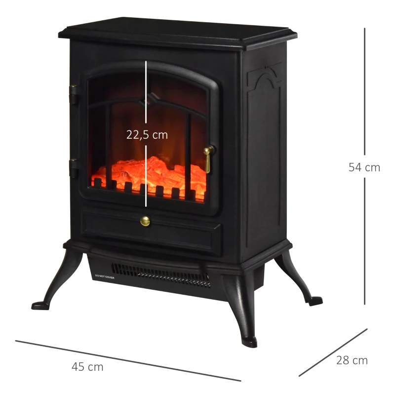 HOMCOM Lareira Elétrica Portátil 1000/2000W com Efeito de Chama Realista Termostato para Ambientes entre 15-20m² 45x28x54cm Preto