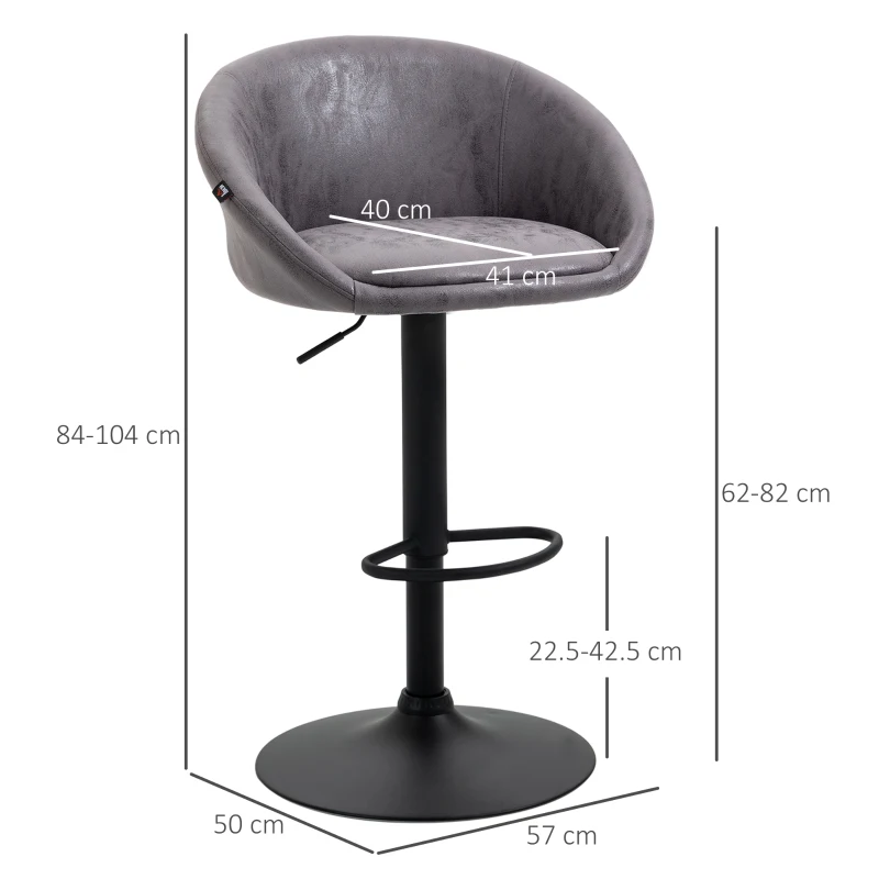 HOMCOM Brown Leather Bar Stools with Backs, Adjustable for Kitchen Islands Set of 2, Swivel Breakfast with Footrest, Armrests