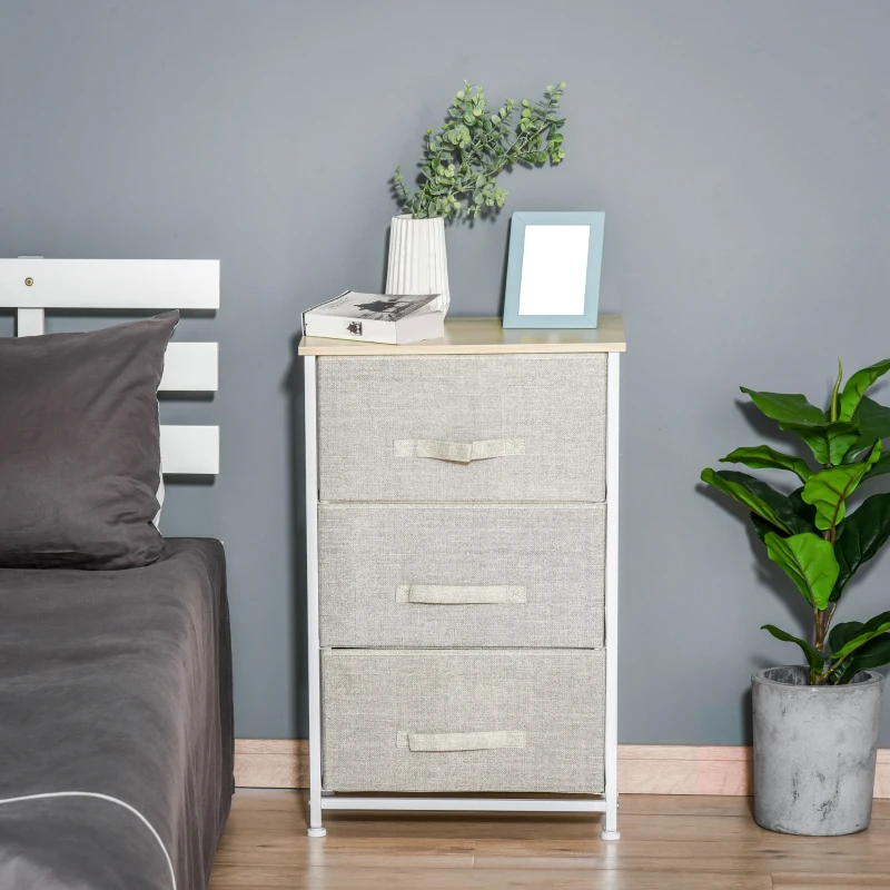 HOMCOM Vertical 3-Tier Linen Drawer Cabinet Organizer Storage Dresser Tower with Metal Frame Adjustable Feet for Living Room, Bathroom, Kitchen, White, Oak and Light Grey