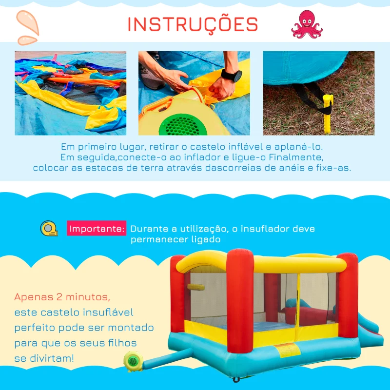 HOMCOM Castelo Insuflável com Escorrega Trampolim e Cesta de Basquetebol para Crianças acima de 3 Anos com Inflador e Bolsa de Transporte para Interior e Exterior 366x274x183cm Multicor