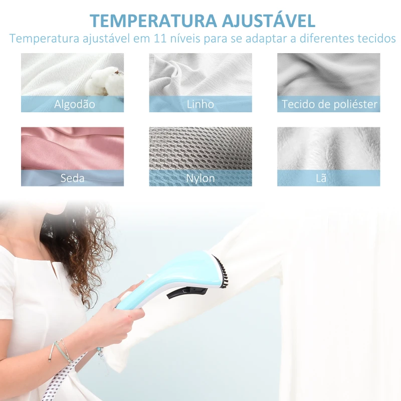 HOMCOM Ferro de Engomar Vertical Depósito 2L 1950W e Temperatura Ajustável em 11 Níveis 24x35x47,5-122,5 cm Azul e Branco