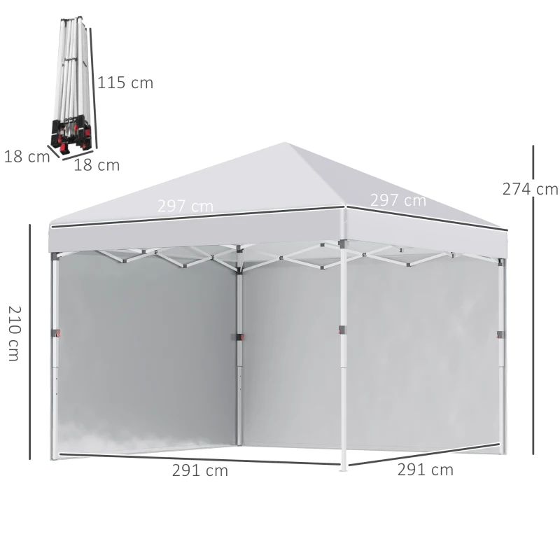 Outsunny 3 x 3 (M) Pop Up Gazebo with 2 Sidewalls, Leg Weight Bags and Wheeled Bag, Height Adjustable Party Tent Event Shelter for Garden, Patio, White