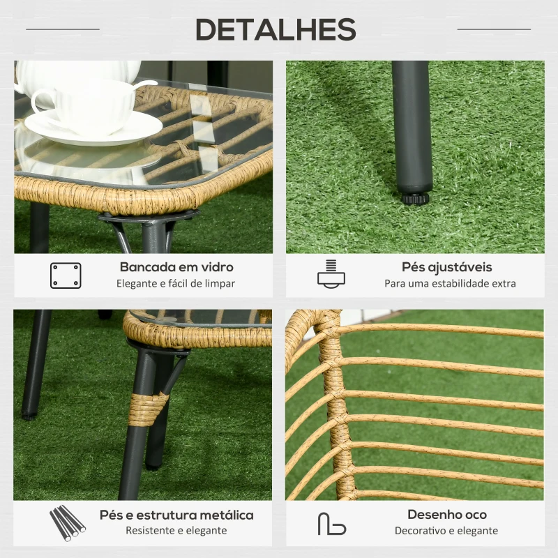 Outsunny Conjunto de Móveis de Vime com Sofá de 2 Lugares 2 Poltronas Mesa de Centro e 4 Almofadas Marrom Claro e Cinza Escuro