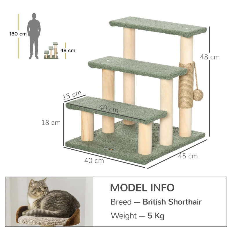 PawHut 48cm Three-Step Cat Tree, with Toy Ball, Jute Scratching Post - Green
