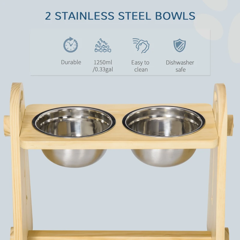 PawHut Raised Dog Bowls with Stand Adjustable Raised Pet Feeder with 2 Removable Stainless Steel Bowls for S, M, L, XL  Dogs, Natural