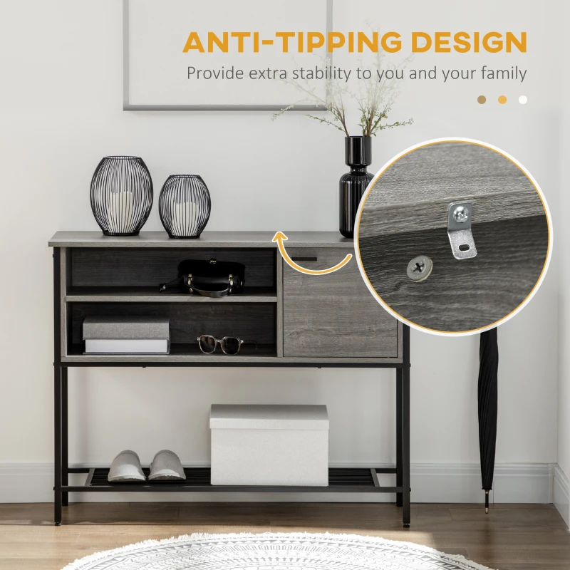 HOMCOM Console Table, Industrial Hallway Table with Door, 2 Open Compartments and Slatted Bottom Shelf, Narrow Entryway Table, Grey