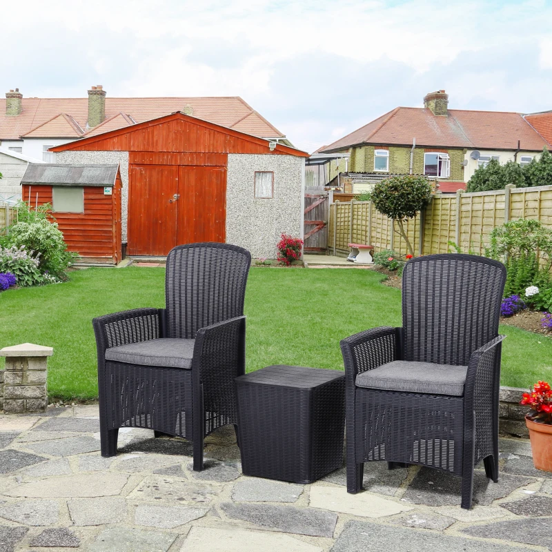 Outsunny 3 PCs Rattan Effect Bistro Set, Outdoor Wicker Weave Furniture w/ 2 Cushioned Chairs, 1 Storage Function Coffee Table for Garden, Patio, Furniture - Black