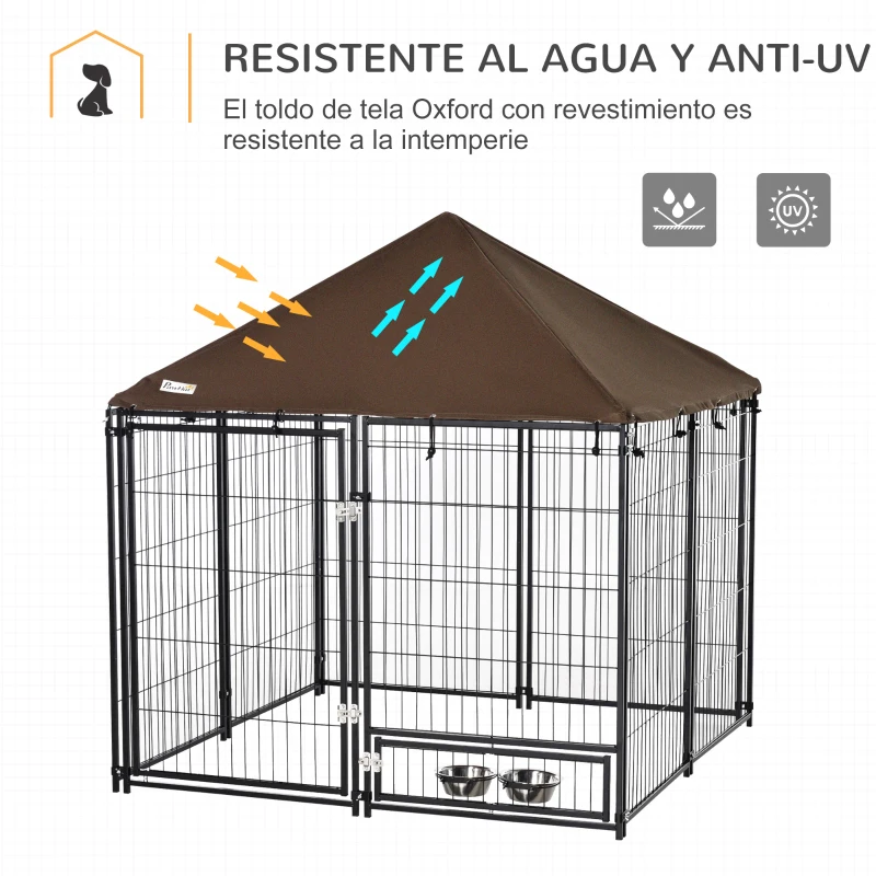PawHut Parque para Perros con Toldo Perrera Metálica de Exterior con Soporte Giratorio para Comida 2 Cuencos Incluidos y Cerradura para Mascotas Jardín 141x141x151 cm Negro