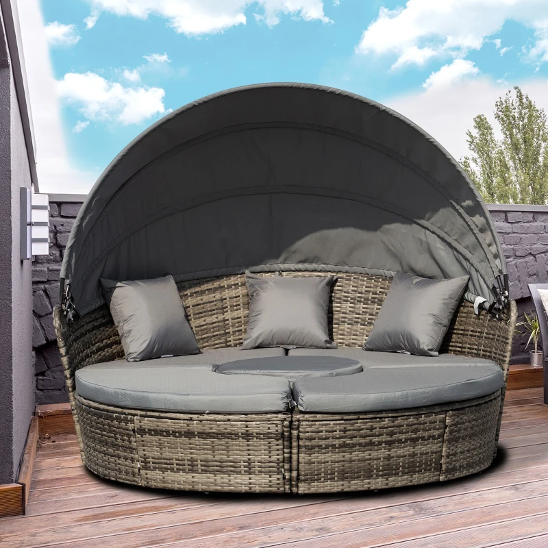 Outsunny Outdoor PE Rattan Garden Furniture with Cushions, Patio Wicker Conversation Set, Round Daybed with Retractable Canopy, Coffee Table, and Three Pillows, Dark Grey