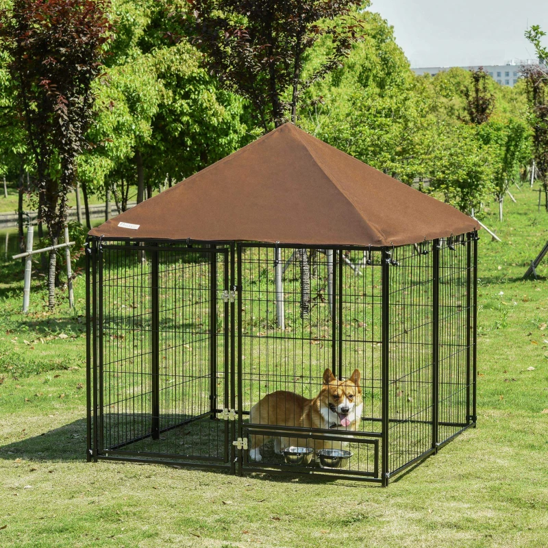 PawHut Parque para Perros con Toldo Perrera Metálica de Exterior con Soporte Giratorio para Comida 2 Cuencos Incluidos y Cerradura para Mascotas Jardín 141x141x151 cm Negro