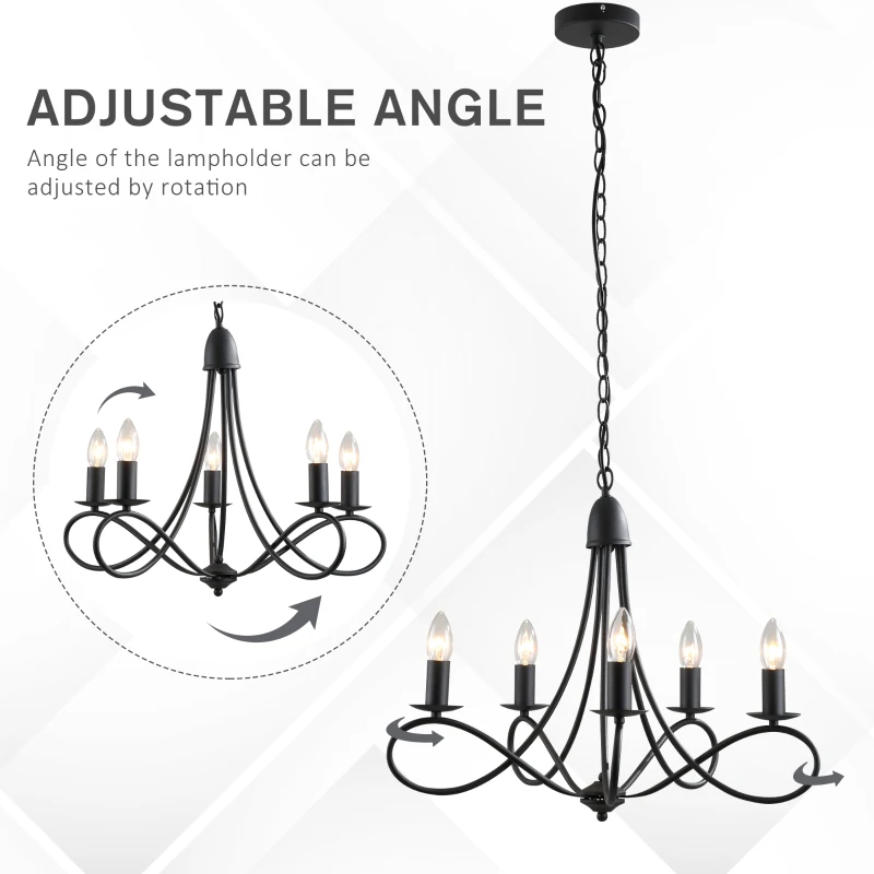 HOMCOM Candelabru Suspendat si Impletit pentru Tavan, Lustra din Otel cu 5 Sfesnice, Plafoniera suspendata, 158x45Hcm Negru