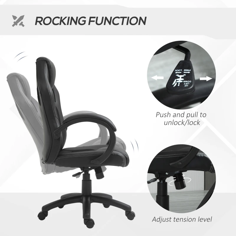 HOMCOM Scaun pentru birou,cu roti rotative la 360°, scaun gaming, inaltimea reglabila, Negru