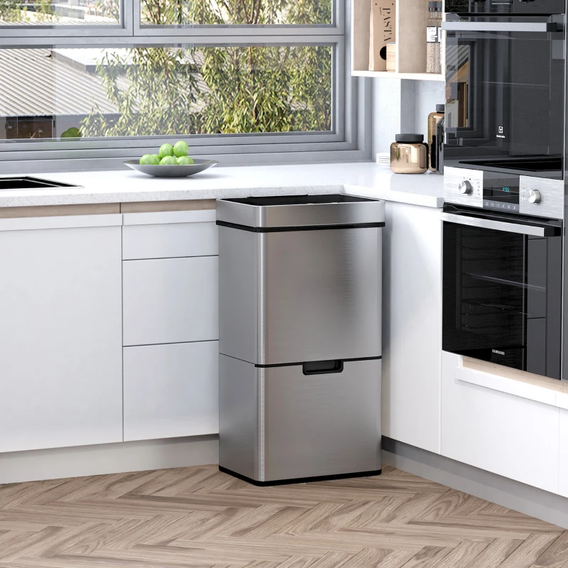 HOMCOM Cos de gunoi inteligent cu senzor , Capacitate 72 l, 3 Compartimente, 42 x 30 x 81 cm, Inox / ABS, Argintiu(m-2)