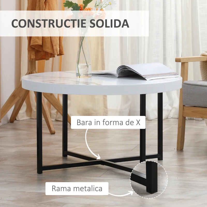 HOMCOM Masa de cafea rotunda , masa centrala moderna cu blat cu efect de marmura si picioare metalice pentru sufragerie, alb