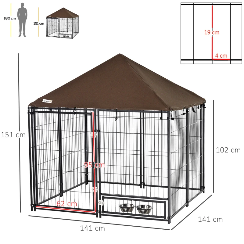 PawHut Parque para Perros con Toldo Perrera Metálica de Exterior con Soporte Giratorio para Comida 2 Cuencos Incluidos y Cerradura para Mascotas Jardín 141x141x151 cm Negro