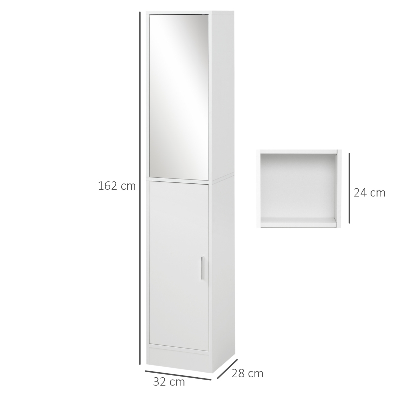 Kleankin Coluna Casa de Banho com Espelho Móvel Alto Casa de Banho com 2 Portas e Prateleiras Interiores Ajustáveis Multiúso para Cozinha Sala de Estar 32x28x162cm Branco