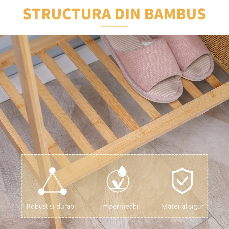 HOMCOM Suport de imbracaminte din bambus , cu 2 rafturi de depozitare, 2 carlige si sina de agatat pentru intrare, dormitor si birou, natural