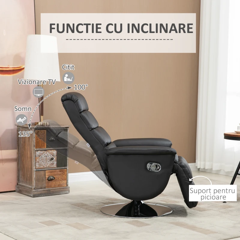 HOMCOM Scaun rabatabil , pivotant din stofa din microfibra cu cotiera captusita si suport pentru picioare pentru living, dormitor si biroul de acasa, negru