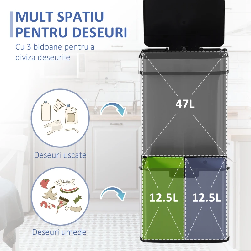 HOMCOM Cos de gunoi inteligent cu senzor , Capacitate 72 l, 3 Compartimente, 42 x 30 x 81 cm, Inox / ABS, Argintiu(m-6)
