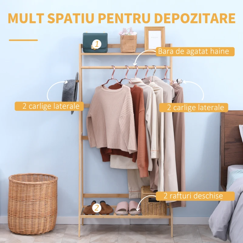 HOMCOM Suport de imbracaminte din bambus , cu 2 rafturi de depozitare, 2 carlige si sina de agatat pentru intrare, dormitor si birou, natural