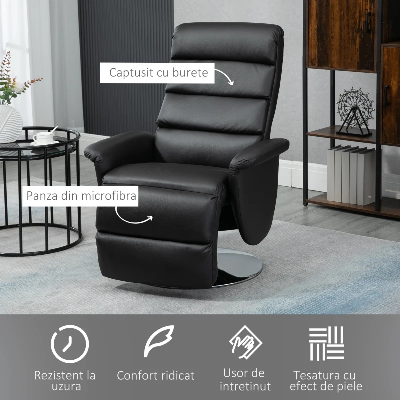 HOMCOM Scaun rabatabil , pivotant din stofa din microfibra cu cotiera captusita si suport pentru picioare pentru living, dormitor si biroul de acasa, negru