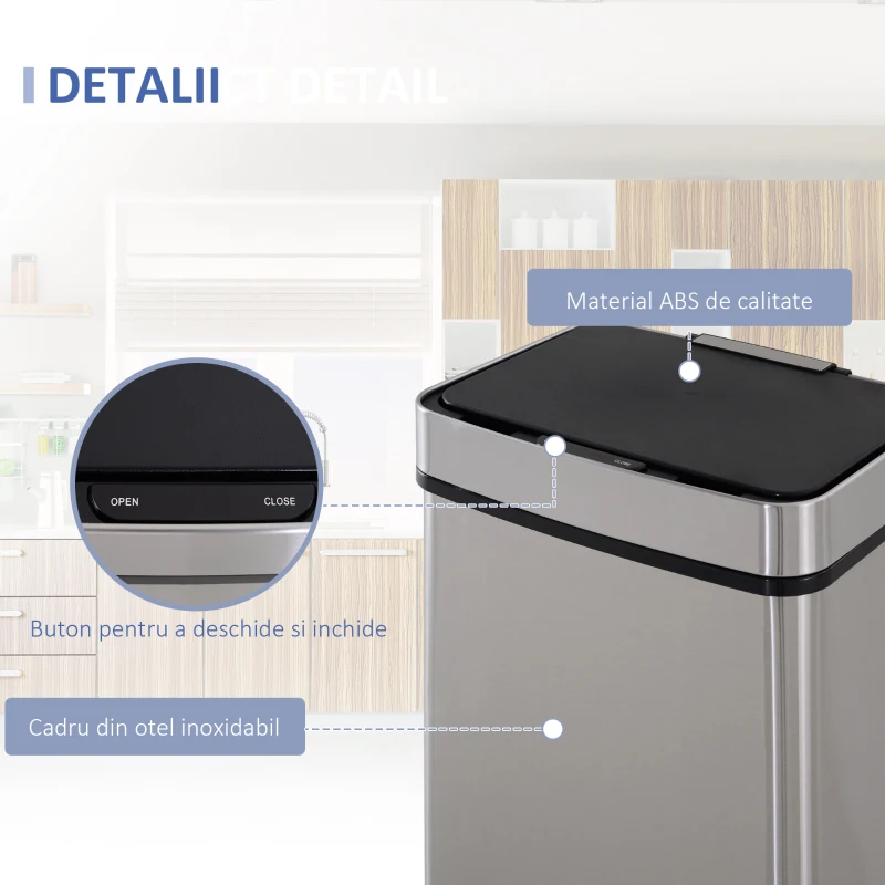 HOMCOM Cos de gunoi inteligent cu senzor , Capacitate 72 l, 3 Compartimente, 42 x 30 x 81 cm, Inox / ABS, Argintiu(m-7)